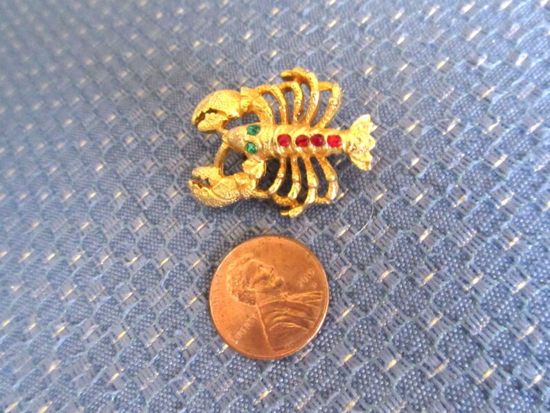 Gold Tone Lobster Brooch Red And Green Rhinestones Hat Pin Fish
