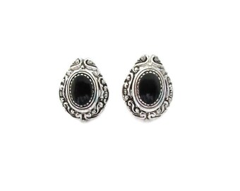 Black Cabochon Silver Tone Stud Earrings, Textured Ornate, Vintage Gift