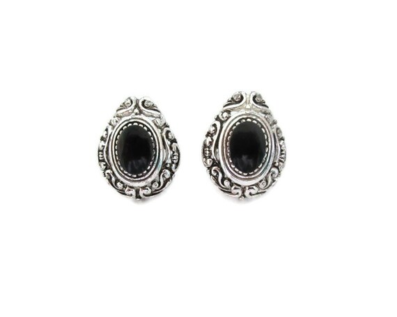 Black Cabochon Silver Tone Stud Earrings, Texture… - image 1