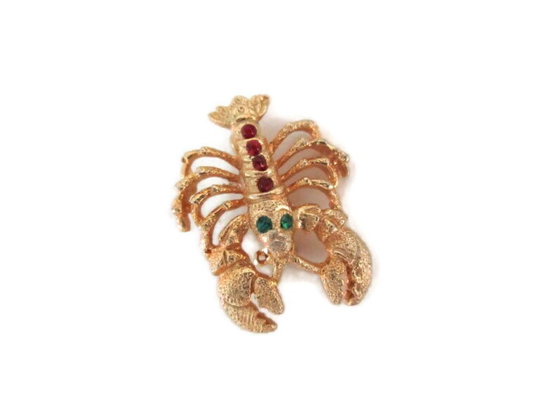 Gold Tone Lobster Brooch Red And Green Rhinestones Hat Pin Fish