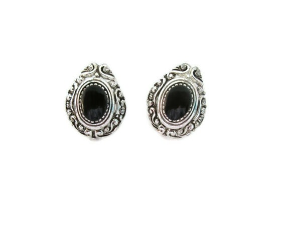 Black Cabochon Silver Tone Stud Earrings, Texture… - image 3