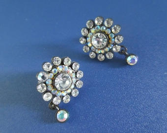 Vintage Rhinestone Dangle Earrings, AB Crystals, Push Back Studs