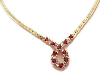 Red Crystal Awareness Necklace, Gold Tone Plated Snake Chain, Heart Ribbon Charm, Vintage Choker