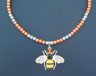 Hand Beaded Bee Necklace, Orange and Gray Faux Pearls, Rhinestone Bug Pendant