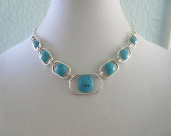 Vintage Faux Turquoise  Necklace, Signed Liz And Co., Silver Tone Trim