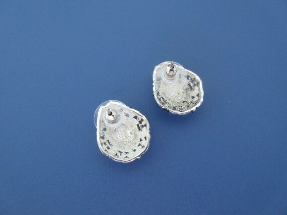 Black Cabochon Silver Tone Stud Earrings, Texture… - image 10