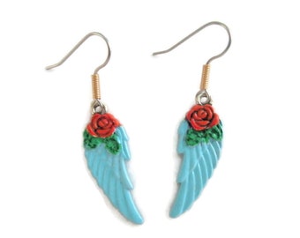 Angel Wing Earrings, Hypo Allergenic Ear Wires, hand Patina painted, Botanical Rose