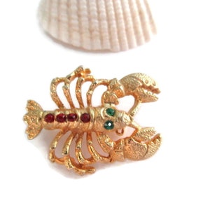 Gold Tone Lobster Brooch Red And Green Rhinestones Hat Pin Fish