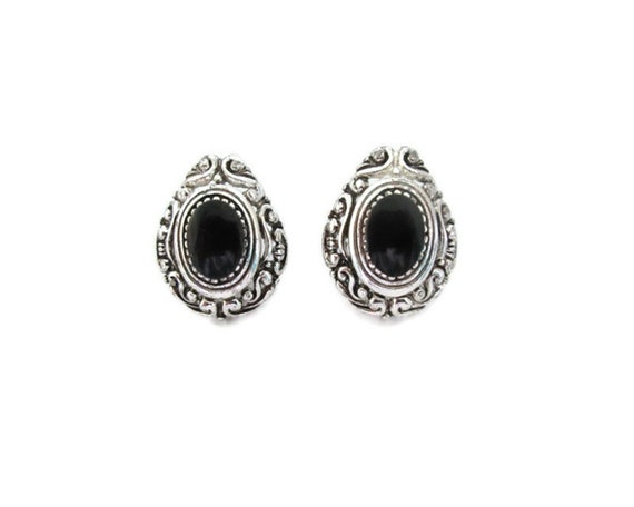 Black Cabochon Silver Tone Stud Earrings, Texture… - image 7
