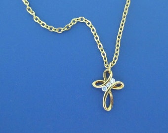 Vintage Gold Plated Cross Necklace, Three Rhinestones, Small Dainty