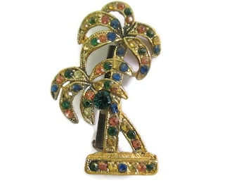 Vintage Rhinestone Palm Tree Brooch, Gold Tone, Beach Nautical Pin