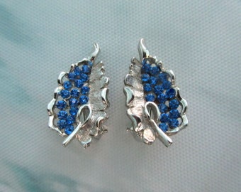 Vintage Blue Rhinestone Clip On Earrings, Signed BSK, Silver Tone, Leaf Design
