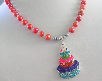 Orange Freshwater Pearl Necklace, Clear Crystal Beads, Birthday Cake Rhinestone Pendant