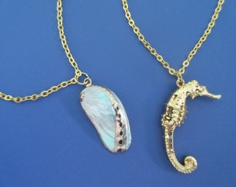 Gold Tone Seahorse and Abalone Shell Necklaces, Set Of Two, Beach Ocean Sea