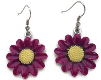 Purple Flower Botanical Earrings, Stainless Steel Ear Wires, Hand Painted