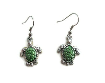 Small Green Sea Turtle Earrings, Stainless Steel Ear Wires, Patina Painted, Beach Jewelry