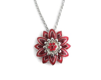 Red Flower Necklace, Stainless Steel Chain, Vintage Botanical Jewelry