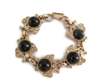 Vintage Gold Tone Bracelet, Angel Fish Design, Black Stones, Clear Rhinestones