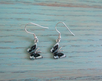 Black Butterfly Dangle Earrings, Small and Dainty