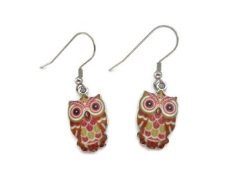 Owl Dangle Earrings, Stainless Steel Ear Wires, Small and Light Weight, Bird Jewelry