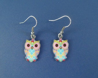 Small Owl Dangle Earrings, Stainless Steel Ear Wires, Pastel Pink and Blue