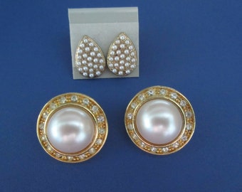 Two Pair Faux Pearl Stud Earrings, Gold Tone, Vintage Jewelry