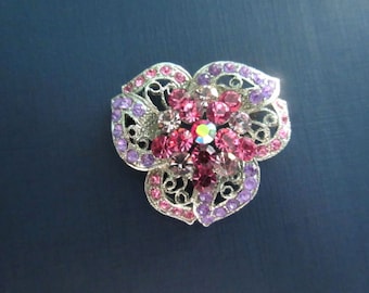 Vintage Rhinestone Flower Brooch, Purple and Pink Crystals, Wedding Bridal, Botanical Floral Pin, Easter Gift