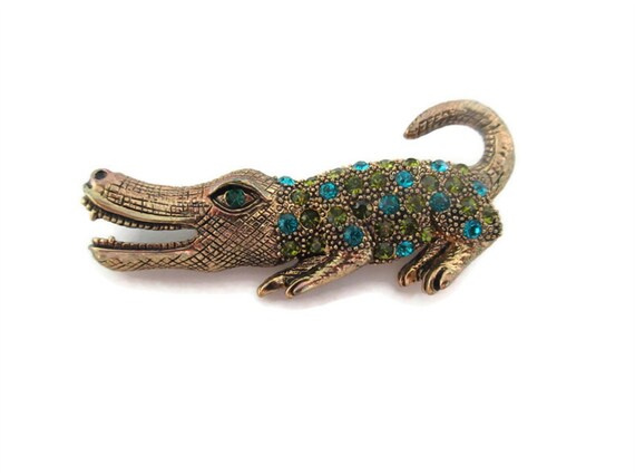 Vintage Rhinestone Alligator Brooch Crocodile Pin Animal Jewelry
