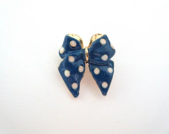 Small Vintage Blue Bow Brooch, White Polka Dots, Gold Tone Trim, Lapel Pin, Mothers Day Gift