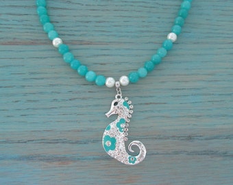 Seahorse Necklace Beaded, Blue Quartz, Faux Pearls, Rhinestone Pendant