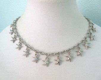 Starfish Choker Necklace, Silver Tone, Vintage Beach Jewelry