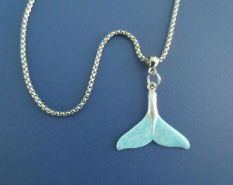 Blue Whale Tail Necklace, Patina Painted, Beach Jewelry, Stainless Steel Chain