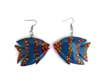 Vintage Wood Fish Earrings, Stainless Steel Ear Wires, Colorful and Large, Beach Jewelry