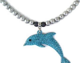 Beaded Dolphin Necklace, Gray Glass Pearls, Blue Crystal Fish