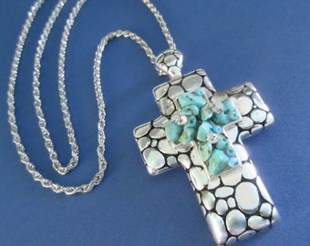 Vintage Cross Necklace, Turquoise Bead Chips, Silver Tone Crucifix