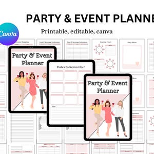 May include: A digital party and event planner with a pink and white design. The planner includes pages for grocery shopping, seating charts, and party photos. The words "Party & Event Planner" are displayed on the tablet screens. The Canva logo is visible.