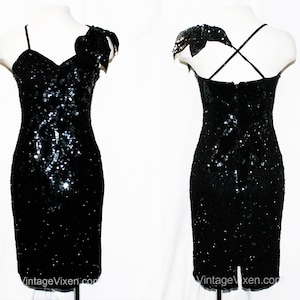 Sexy Black Sequin Dress - Small Glam Disco 80s Fitted - Hand Beaded & Sequined Size 4 Cocktail - Asymmetric Shoulder Flower - Bare Back