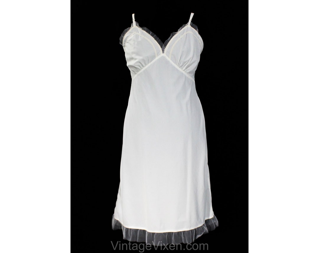 Large 50s White Full Slip Size 12 Sheer Bias Cut Lingerie With Ruffles