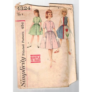 50s Girl&#39;s Dress Sewing Pattern - 1950s Childs Size 8 Full Skirted Summer Shirtwaist Frock with Tulip Flower Applique - Simplicity 4324