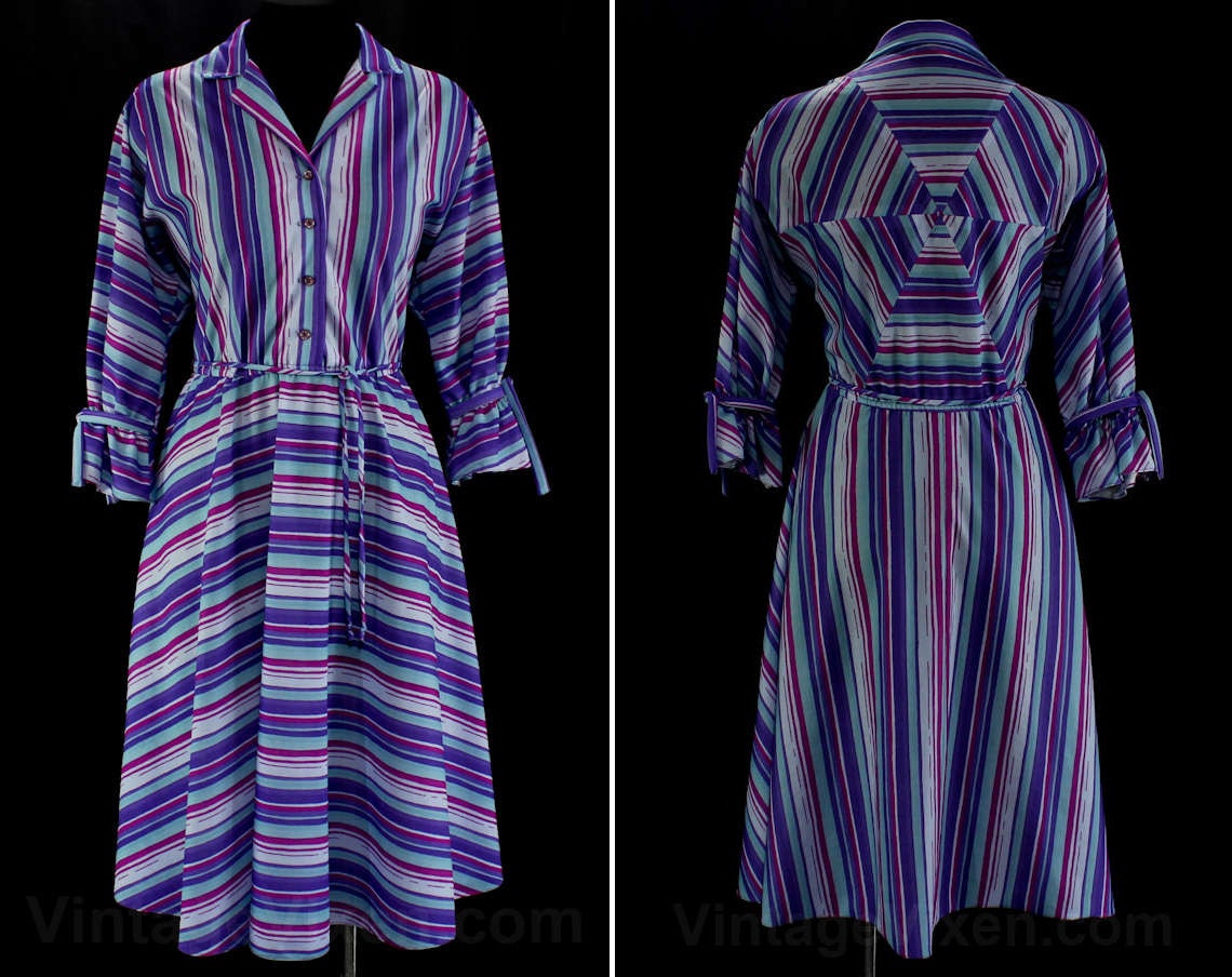 Size 12 Purple Dress 50s Inspired 1980s Striped Shirtwaist | Etsy
