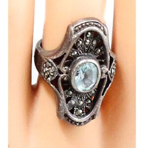 Edwardian Style Sterling Ring - Size 5 Statement Large Victorian Repro - 1960s 70s Ornate Aqua Blue Stone & Marcasite 1900s Filigree Look