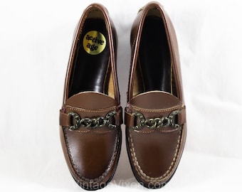 Boy's 1950s Loafers - Size 12 1/2 50s 60s Brown Leather Shoe - Childrens 12.5 D - Antiqued Chainlink Metal Buckle - Preppy Deadstock NIB