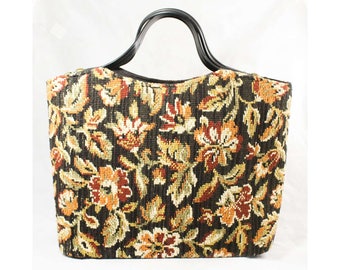 1950s Tapestry Bag - Beautiful Nubby Black Terracotta Maroon & Green Floral 50s Handbag Tote - Mid Century 50's 60's Open Top Purse - 48887