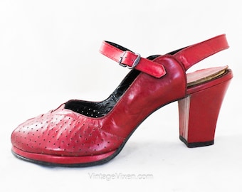 1940s Red Shoes - Size 6 Scarlet Leather Peep Toed 40s Slingback Shoe with Perforations - Beautiful Open Toe 40's Heels - NOS Deadstock