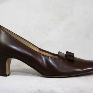 Size 7 Brown Shoes - 1950s 1960s Chocolate Mocha Heels by Cotillion - 60s Unworn NOS Deadstock - Leather & Crepe Bow - 7AA Narrow Width