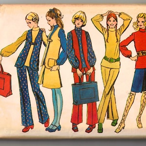 May include: A vintage sewing pattern featuring five women wearing different outfits. The pattern includes a yellow dress, a blue and red pantsuit, a red and blue pantsuit, a yellow pantsuit, and a red skirt and blue top. The pattern is for a size 34 bust and 25 1/2 waist.