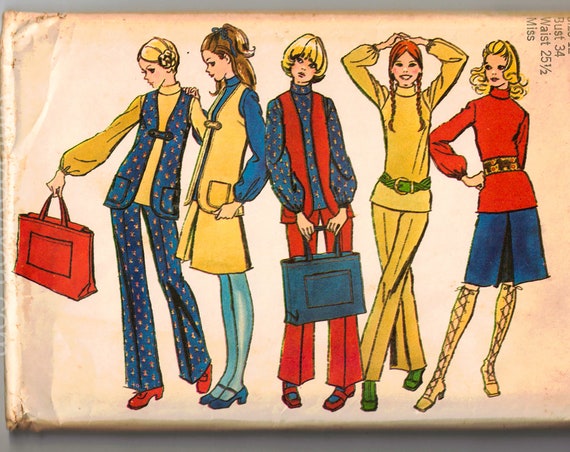 1971 Pant Suit Sewing Pattern - 70s Misses Long Sleeve Top Vest Skirt Pants & Tote Bag - Bust 34 Simplicity 9611 1970s Women's Lib Separates