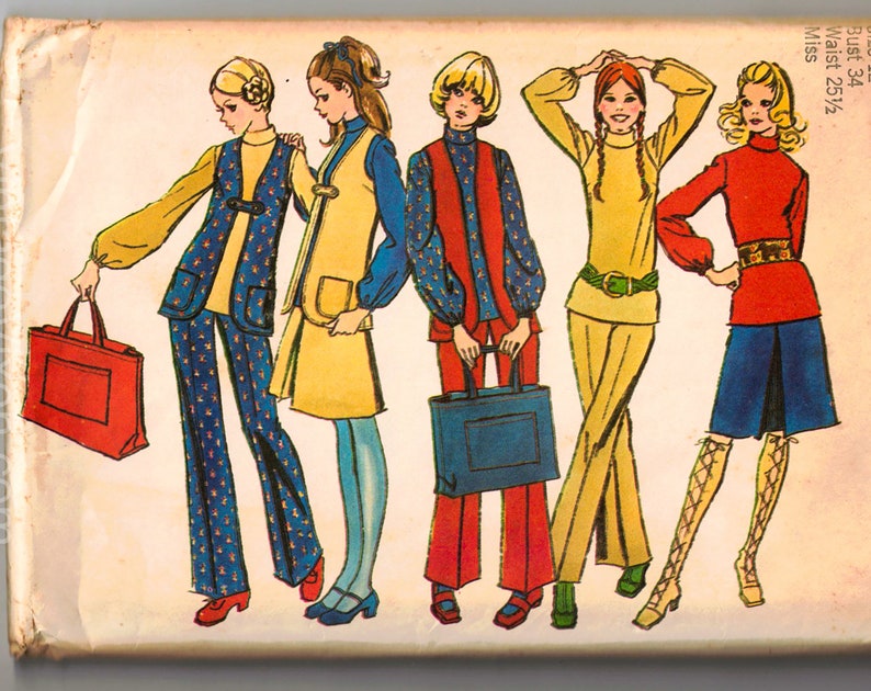 May include: A vintage sewing pattern featuring five women wearing different outfits. The pattern includes a yellow dress, a blue and red pantsuit, a red and blue pantsuit, a yellow pantsuit, and a red skirt and blue top. The pattern is for a size 34 bust and 25 1/2 waist.
