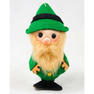 Kitsch 60s Christmas Ornament - Green Felt Elf - 1960s - Holidays - Bearded - Cute - Santa&#39;s Elves - Deadstock - 42550