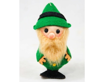 Kitsch 60s Christmas Ornament - Green Felt Elf - 1960s - Holidays - Bearded - Cute - Santa&#39;s Elves - Deadstock - 42550